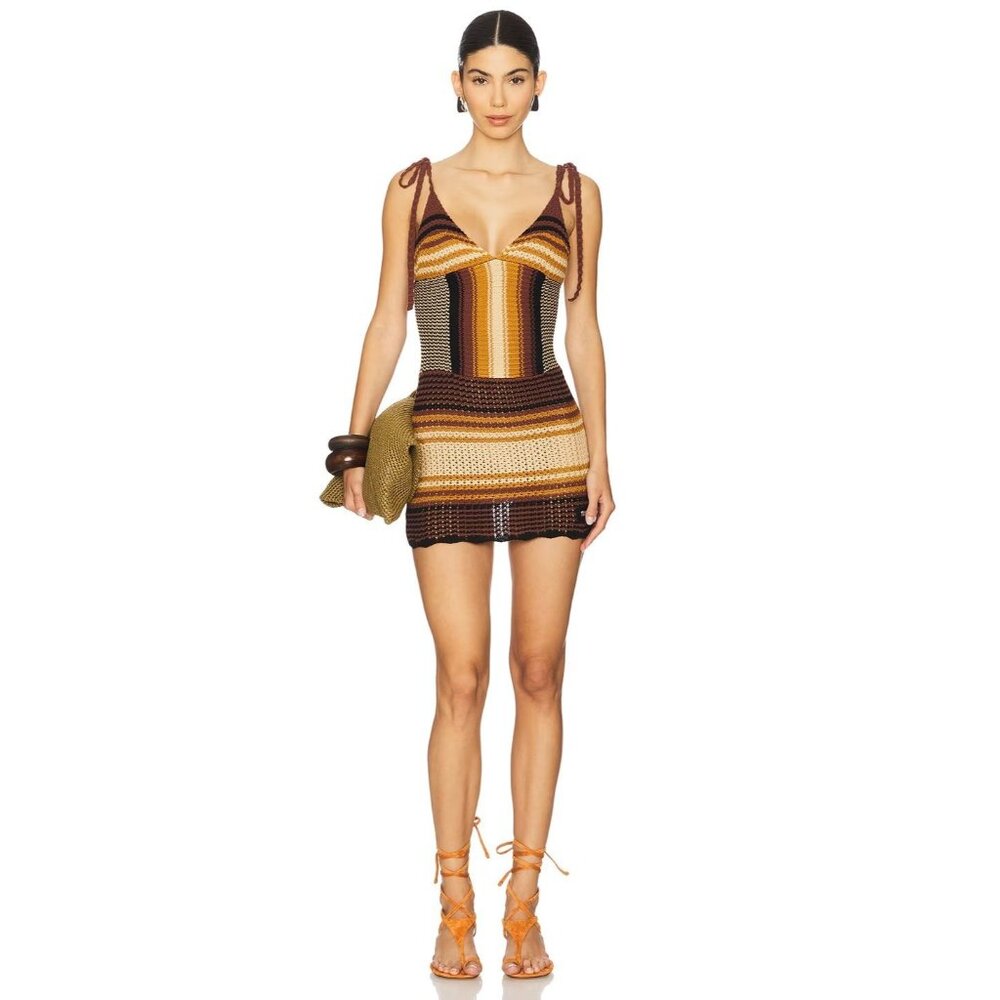 THE ATTICO Mini Dress in Brown Shades New Womens Crochet Knit